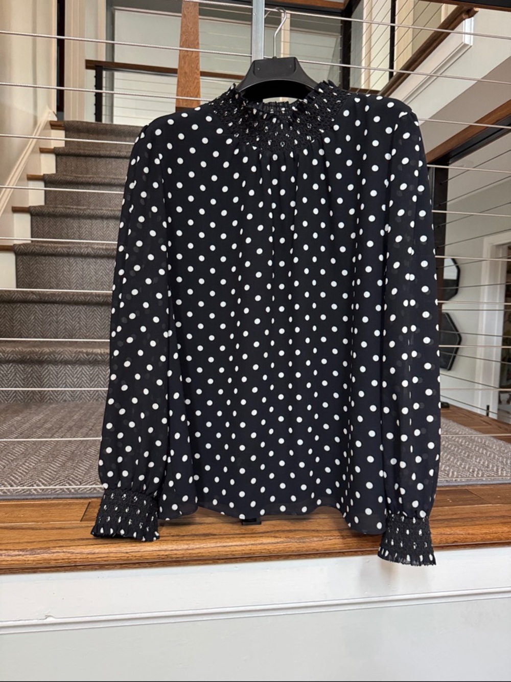 J Crew Black (or the darkest navy) Polka Dot Smocked Neck Long-Sleeve Blouse